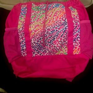 Hot pink girl’s polyester backpack,  drawstring, 2 side pockets.